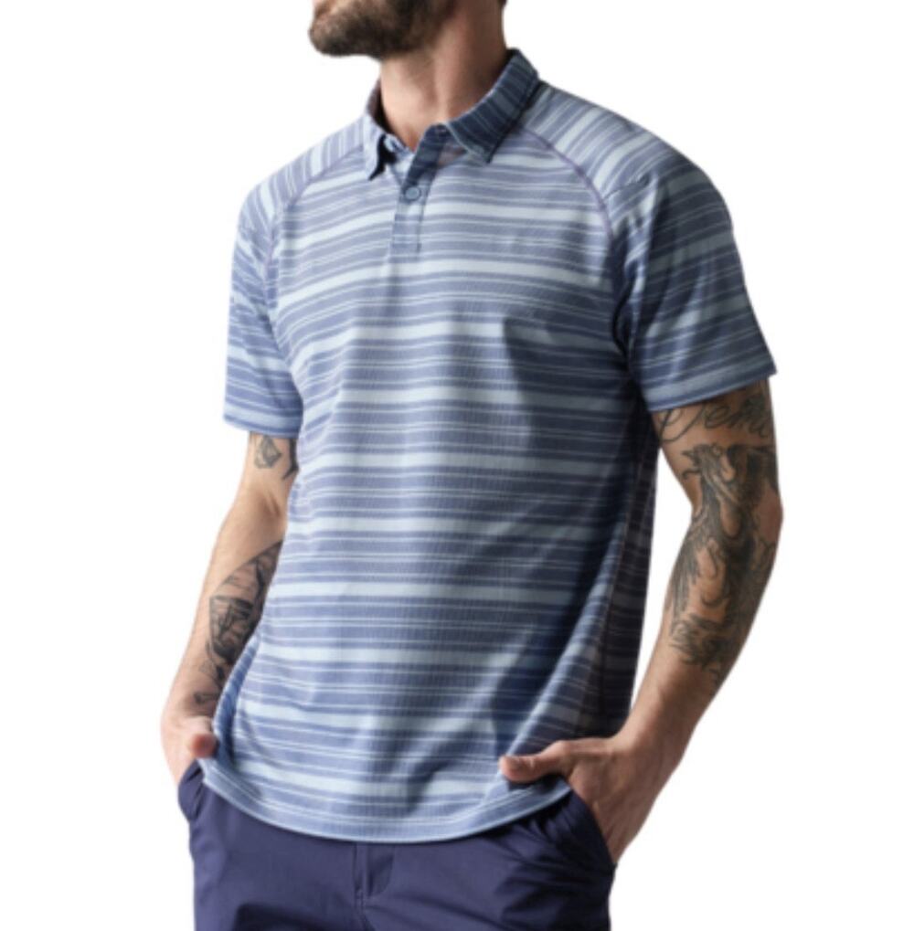 Rhone Delta Pique Polo Shirt Men’s Size L Blue Striped Short Sleeve Performance